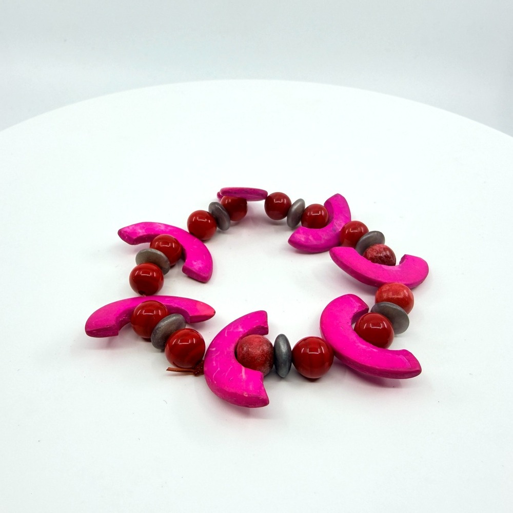 VTG Hot Pink & Red Beaded Stretch Bracelet Retro Chunky Statement Jewelry